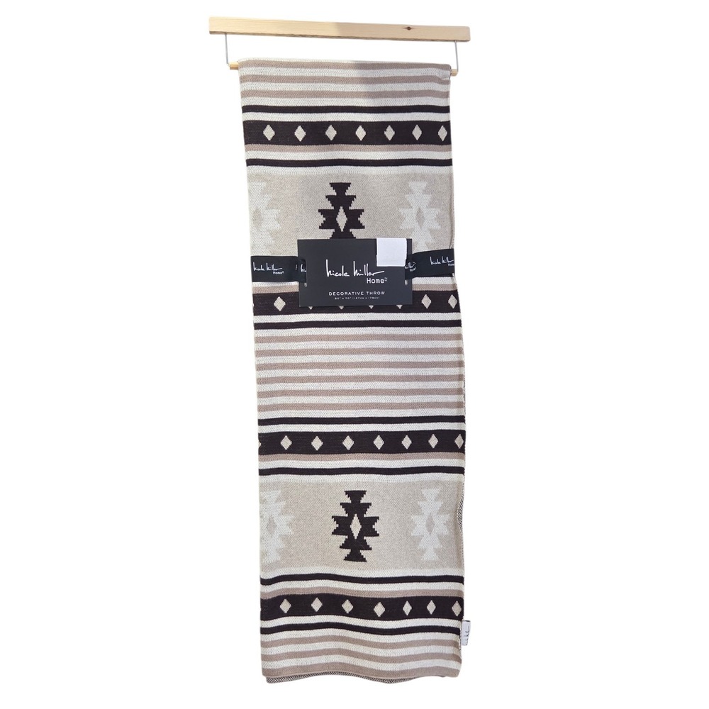 Nicole Miller Boho Tribal Cotton Throw Blanket Decorative Cream Brown Tan 50x70‎